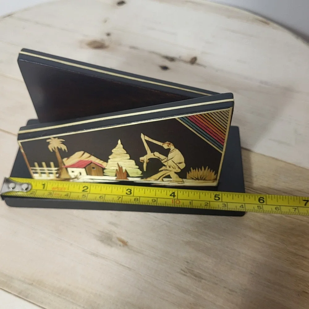 Vintage Cali Colombia Straw Art Napkin Holder Handmade Wood Marquetry Souvenir